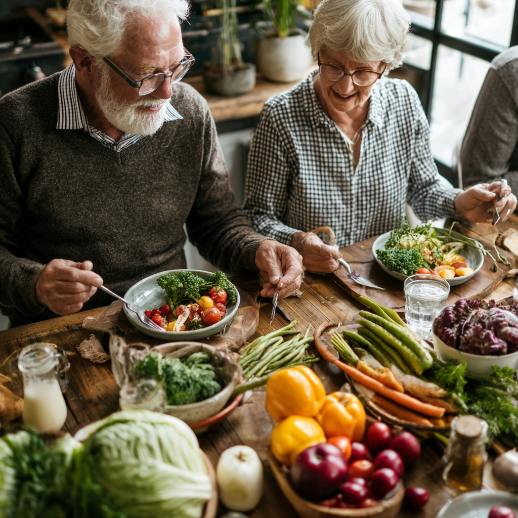 Older adults sharing a nutritious meal together with fresh seasonal ingredients